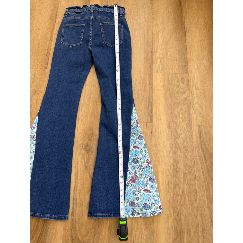 Boho Handmade Floral Flare Jeans Paperbag Waist Tie Bell Bottom hippie indie - Picture 8 of 9